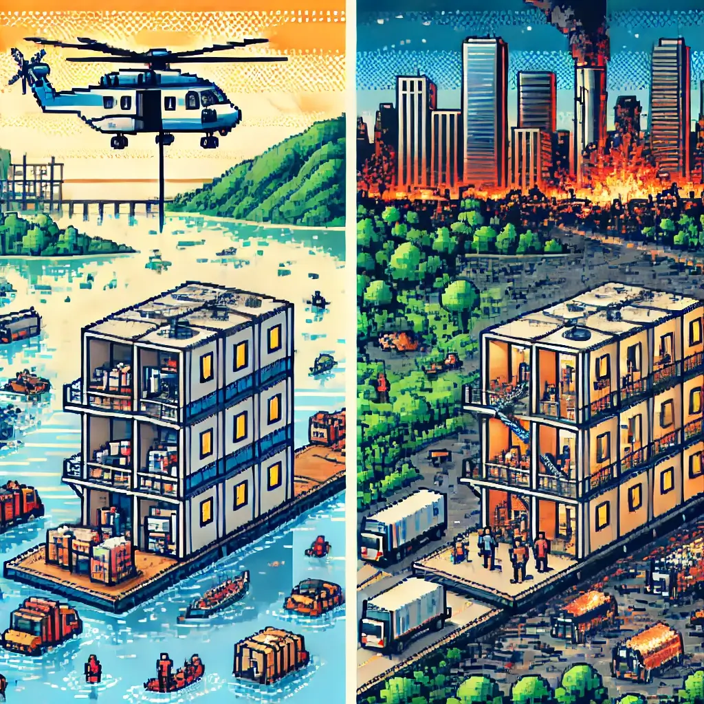 Unleash Resilience: 500% More Extreme Weather – How REITs Are Revolutionizing Disaster Recovery! 2 Pixel art of a helicopter deploying a modular emergency housing unit into a flooded disaster area, with people waiting below.