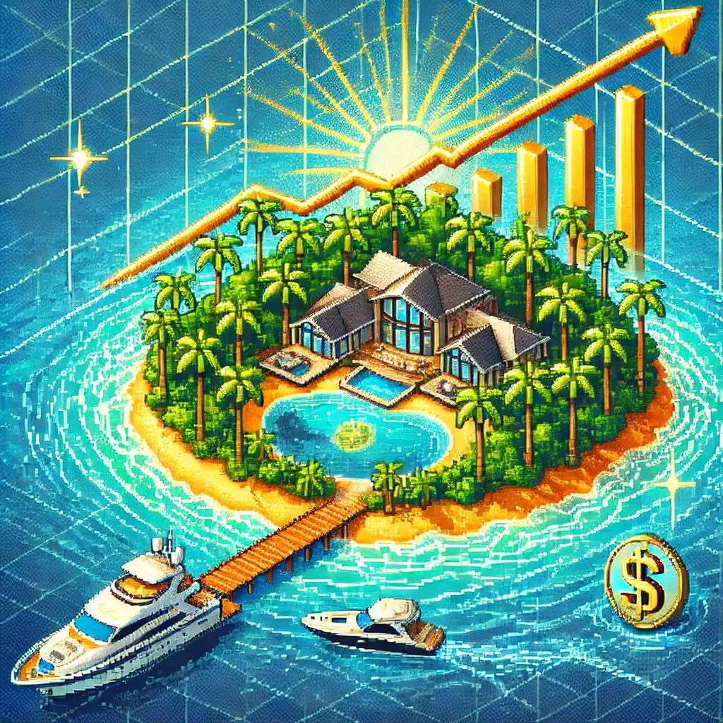 Unleash Your Inner Mogul: 3 Private Island & Remote Retreat Funds You MUST Know! 2 Pixel art of a tropical island with a modern villa, palm trees, a private yacht, and a golden investment chart rising above, symbolizing private island real estate investment.