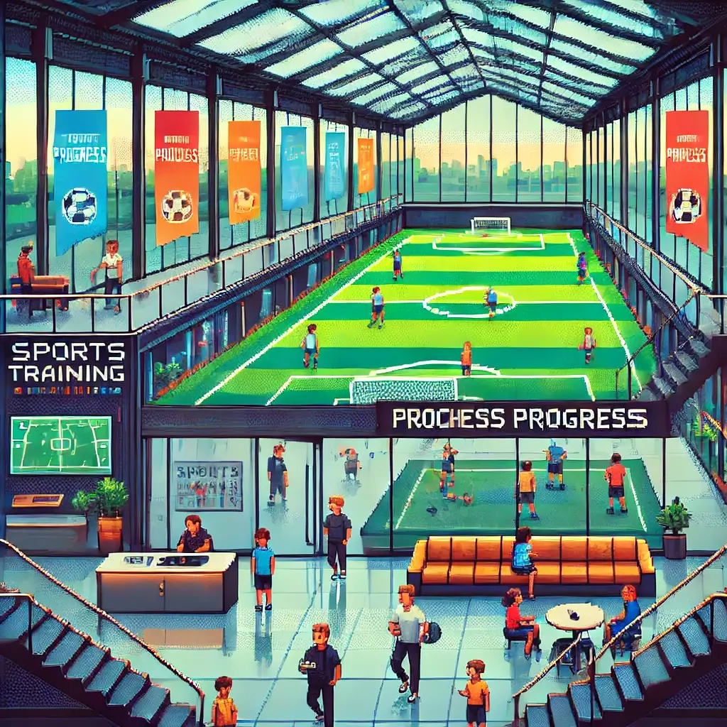 Unleash Your Inner Champion: 5 Astounding Opportunities in Sports Training Facility Real Estate! 2 Pixel art of a vibrant indoor sports training facility with young athletes practicing and parents watching from a waiting area.