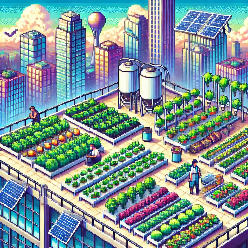 Unleash the Green Gold: 3 Shocking Ways Urban Rooftop Farms Are Reshaping Real Estate! 2 Pixel art of an urban rooftop hydroponic farm with people harvesting vegetables above a modern city skyline.