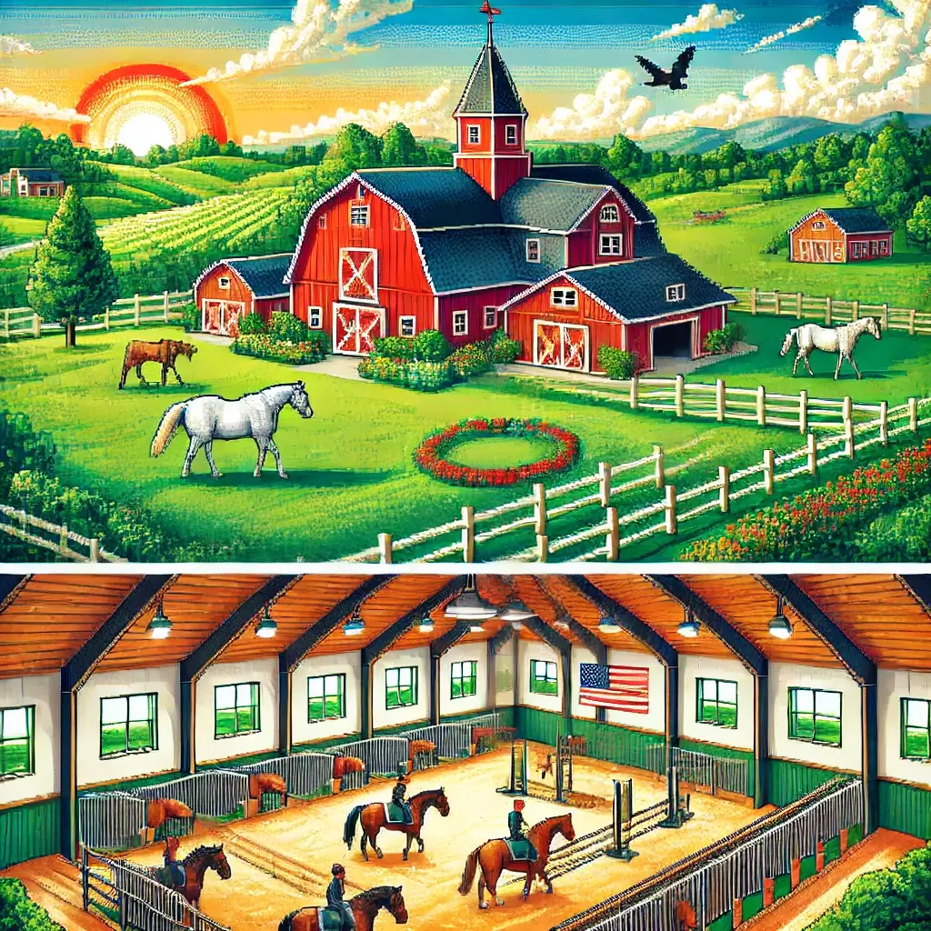 Unlock 5 Lucrative Horse Farm Investments: Your Equestrian Dream Awaits! 2 Pixel art of a horse farm with green pastures, red barn, and grazing horses under a blue sky