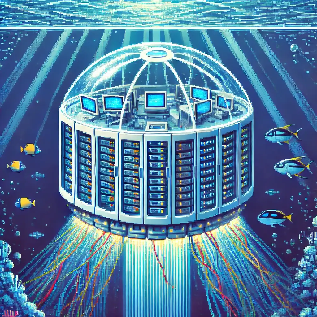 Underwater Data Centers: 3 Billion Reasons to Dive Deep! 2 Pixel art of a deep-sea server pod with glowing lights, fiber cables, and marine life in a blue, serene ocean. Underwater Data Centers