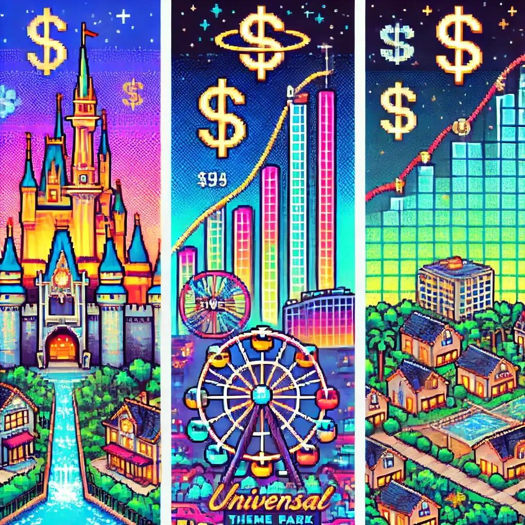 The 1 Secret to 10X Your Land Investment Around Amusement Parks 7 Pixel art of a Disney-style castle surrounded by hotels, restaurants, and rising land value symbols, representing theme park land investment and generational wealth.