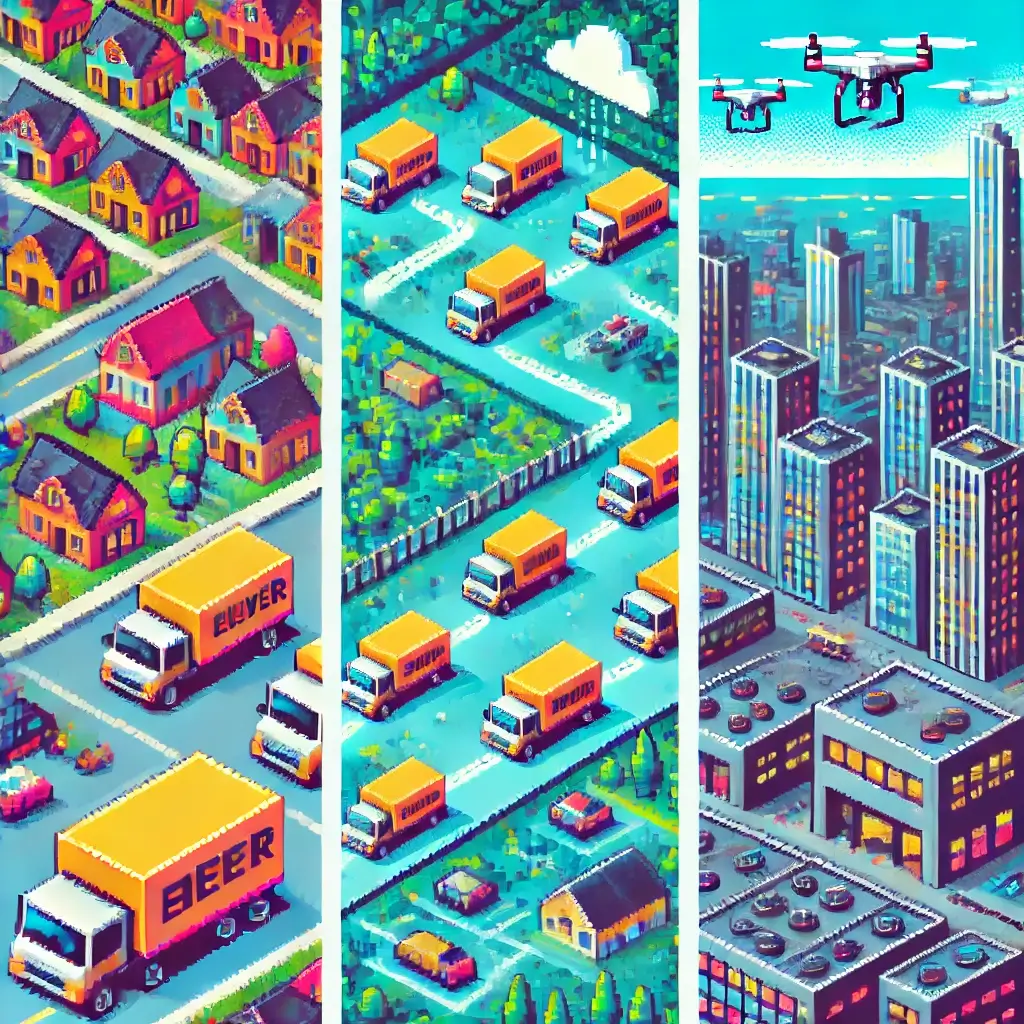 The 10 Billion-Dollar Secret Behind Your Speedy E-commerce Deliveries! 8 Pixel art cityscape showing urban warehouses beside apartments, with delivery vans leaving. Speedy E-commerce Deliveries