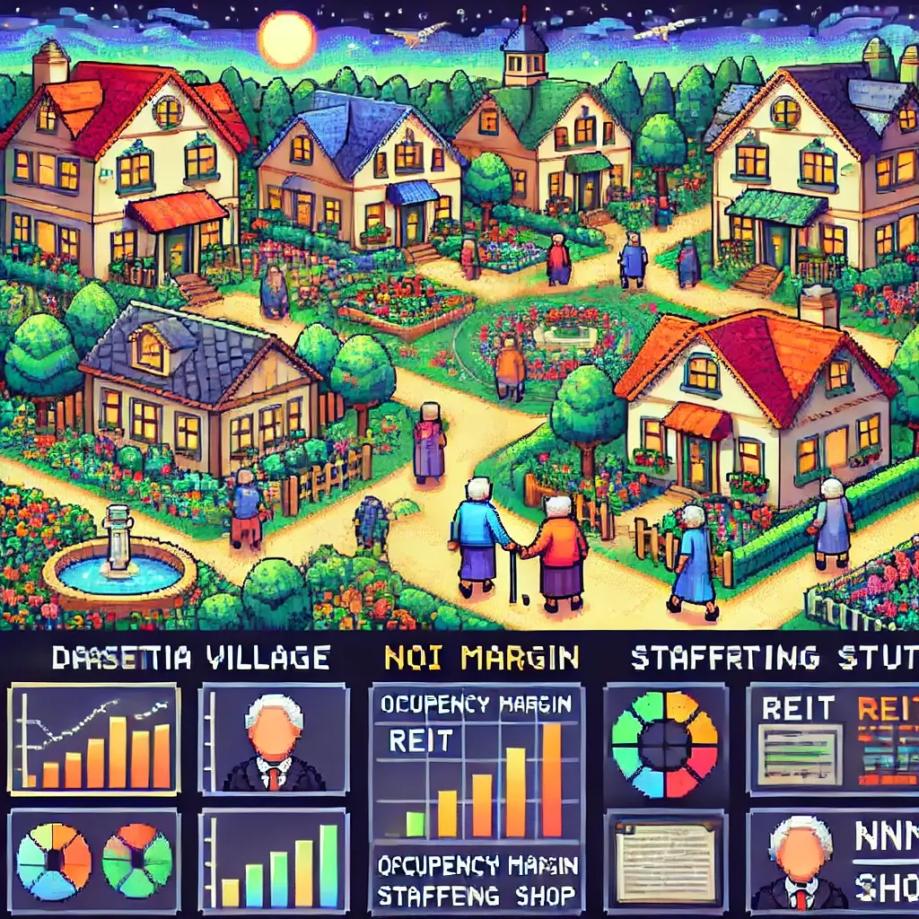 11 No-BS dementia village REIT Moves That Cut Risk and Boost Yield 8 Pixel art of a dementia village REIT with colorful cottages, café, walking paths, seniors, and caregivers.