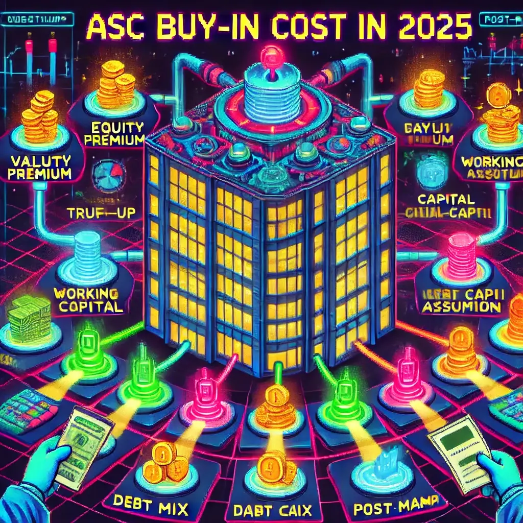 11 Real-World ASC buy in cost Checkpoints for 2025 (+ Calculator) 9 Pixel art of ASC buy-in cost in 2025 showing a futuristic surgery center, glowing valuation switches, physicians with calculators, and a golden distribution waterfall.